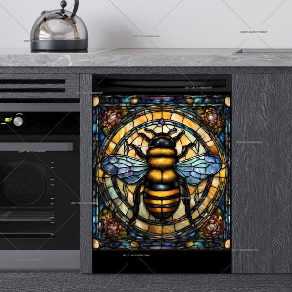 Kitchen Dishwasher Cover - Stained Glass Colorful Bumblebee Dish Washer Covers-image