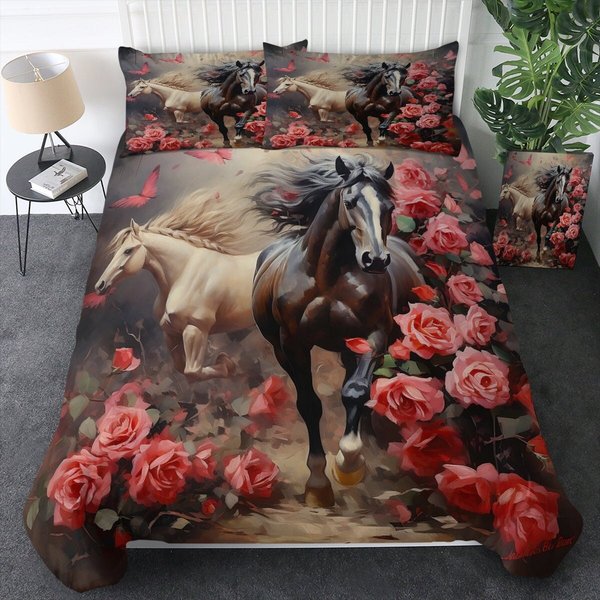Wild Horse Duvet Cover With Pink Roses
