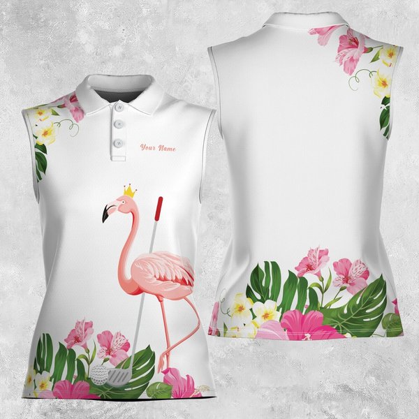 Pink Floral Flamingo Playing Golf 3D Women Sleeveless Polo-image