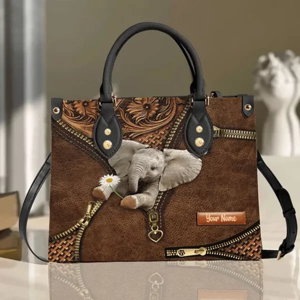 Personalized Elephant Leather Handbag, Gift For Elephant Lovers-image