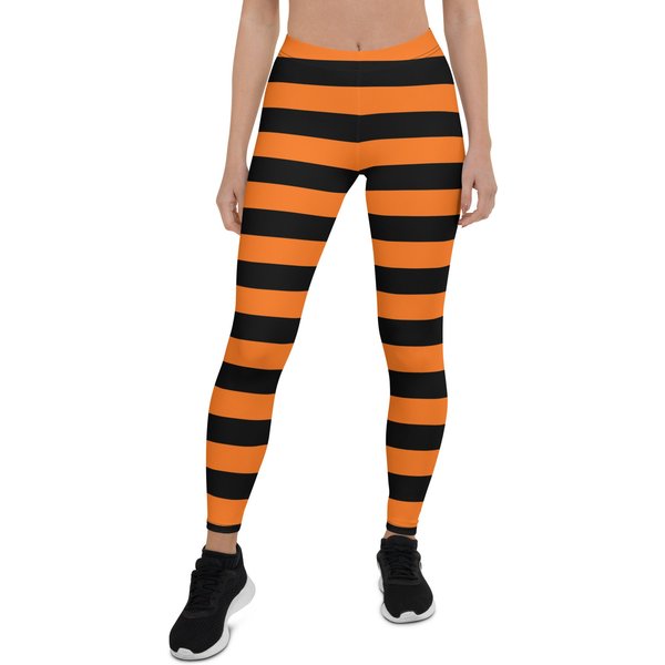 Black Pumpkin Orange Striped Leggings Women, Halloween Witch Goth Printed Yoga