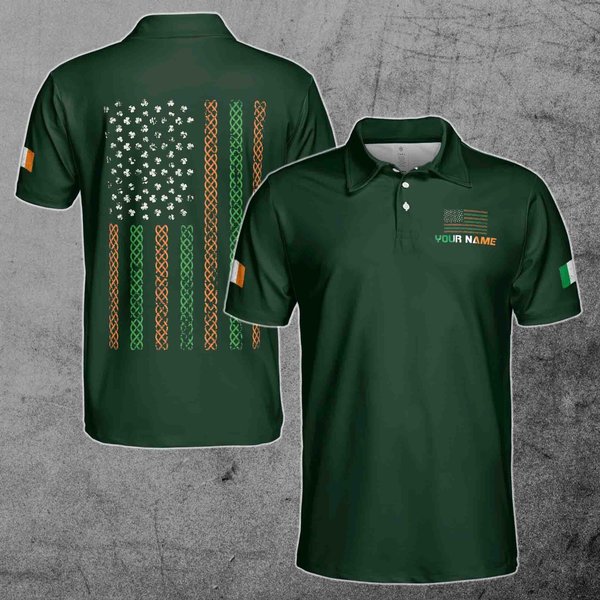 Custom Name Irish American Flag Shamrock St. Patrick's Day Polo Shirt-image