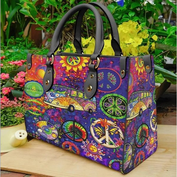 Hippie Peace Bus Colorful Leather Bag Hand Bag,hippie Lover's Handbag
