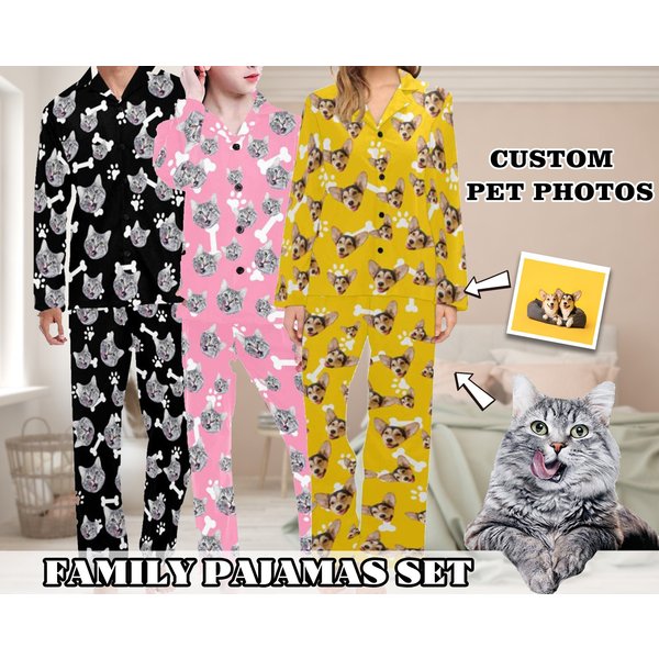 Custom Pet Face Pajamas Set, Dog And Cat Mom Pajamas, Family Pajamas Set