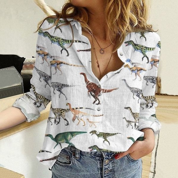 Dino Colorful Dinosaurs Women Casual Shirt-image