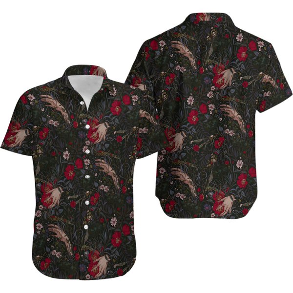 Devil Hand At Horror Flowers Jungle Black Hawaiian Shirt-image
