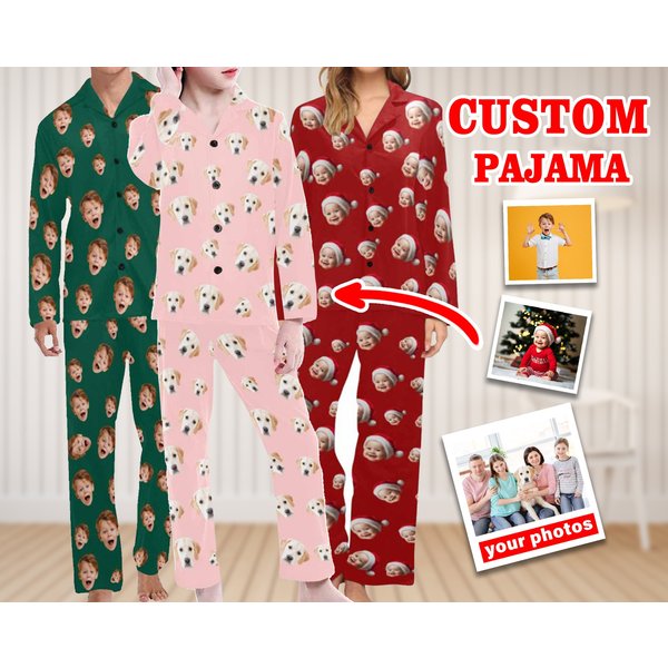 Custom Photo Sleepwear, Face Print Pajama Set, Personalized Family Pajamas-image