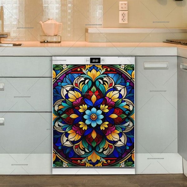 Kitchen Dishwasher Cover - Colorful Bohemian Folk Flower Design-image