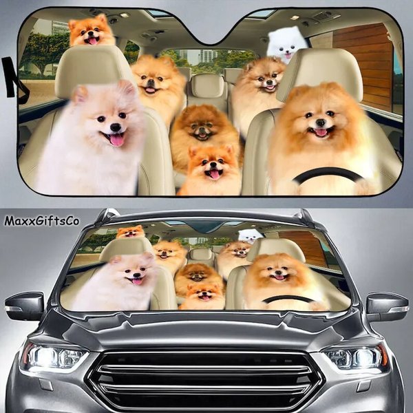 Pomeranian Car Sun Shade, Pomeranian Windshield, Dogs Family Sunshade-image