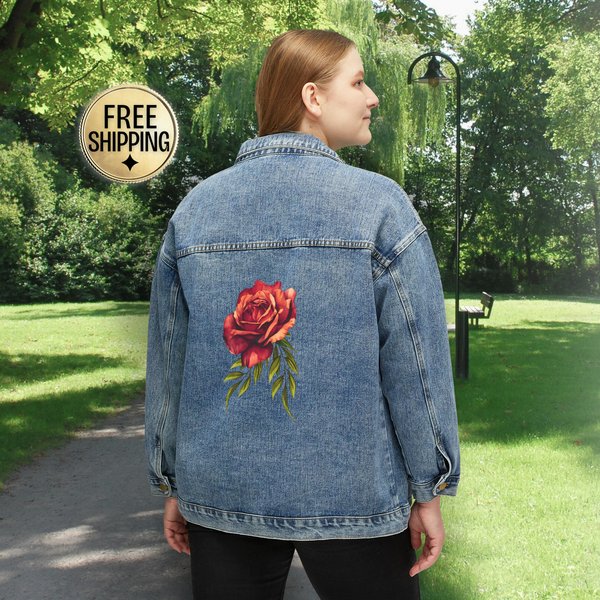 Vintage Rose Print Denim Jacket | Vintage-style Jean Jacket, Denim Apparel,