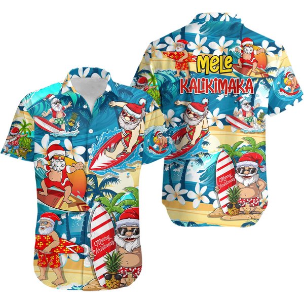 Santa Claus Surfing On The Beach Mele Kalikimaka Christmas Hawaiian Shirt-image
