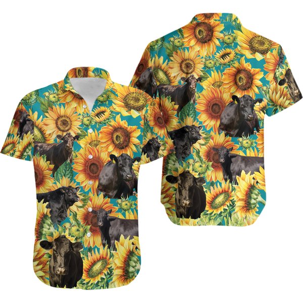 Black Angus Cattle Lovers Sunflower Hawaiian Shirt-image
