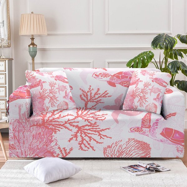 Couch Cover With Sea Turtles And Red Coral, Nautical Sofa Slipcover