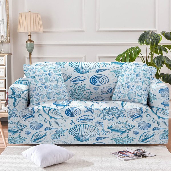 Blue Couch Cover, Coastal Sofa Slipcover Blue Seashells And Starfish