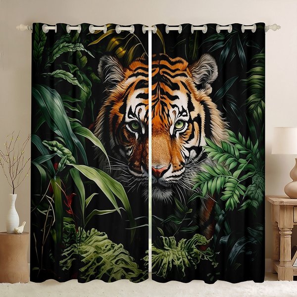Jungle Tiger Window Drapes, Nature Wild Animal Curtains-image