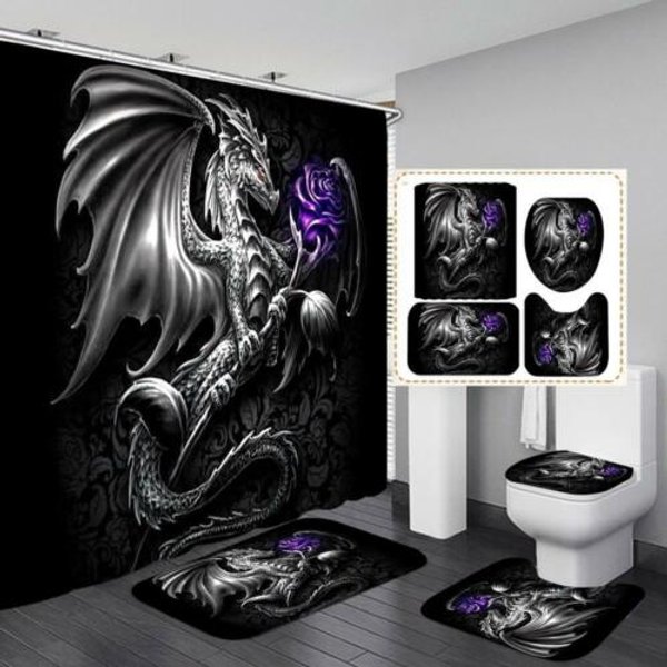 Gothic Dragon Purple Rose Shower Curtain Bath Mat Toilet Seat Lid Cover Rug