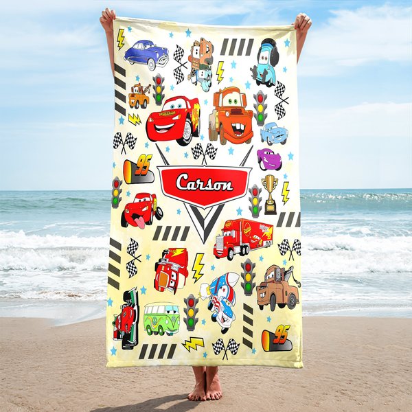 Custom Name Car Movie Towels, Racing Car Lightning Characters Towel, Cartoon Towel-image
