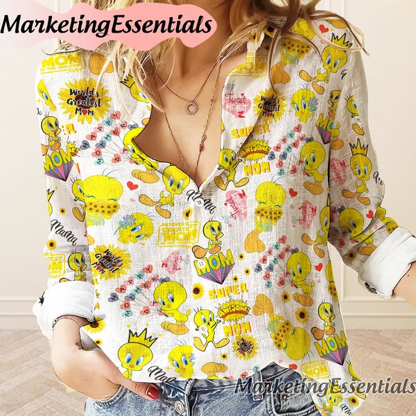 Tweety Bird Vintage Women Casual Shirt, Tweety Bird Blouses, Tweety Bird Woman Shirt-image