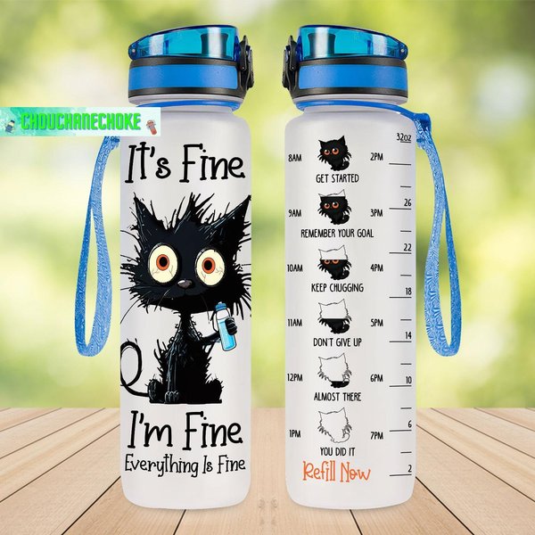 Cat Water Tracker Bottle, Black Cat Water Bottle, Cat Lover Gift-image