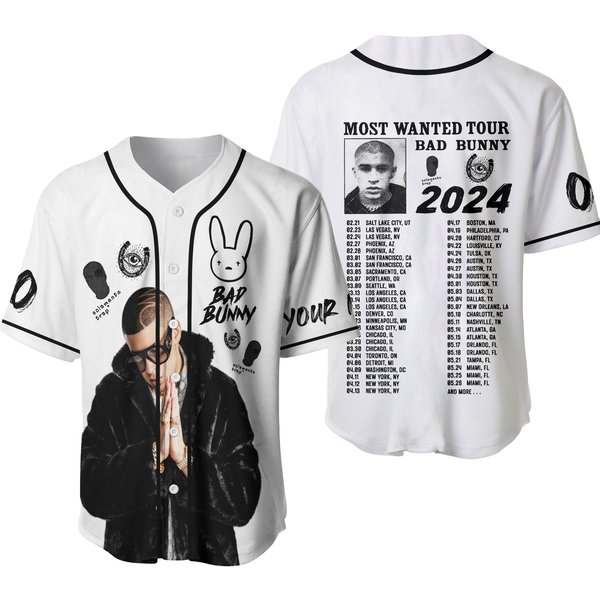 Personalized Bad Bunny Most Wanted Tour 2024 Baseball Jersey-image
