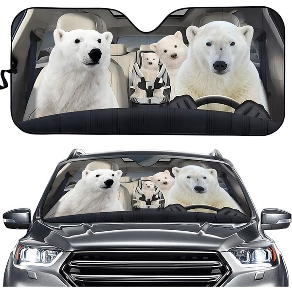 Polar Bears Family Driving Go On A Trip Car Windshield Sun Shade-image