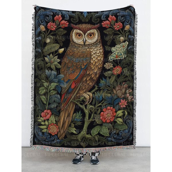 Dark Owl In The Forest Woven Blanket, Magical Owl Woodland Blanket