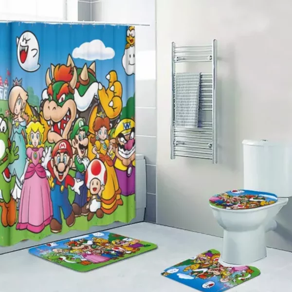 Best! Super Mario Characters Print Shower Curtain Bath Math Toilet Lid Cover Mat