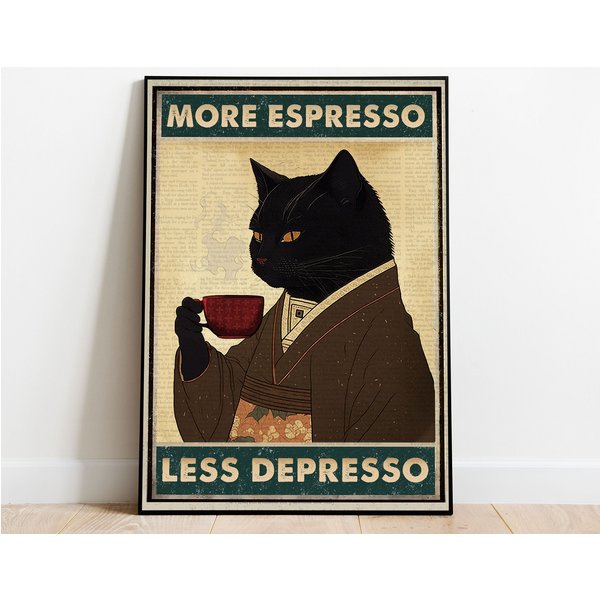 Vintage Black Cat Coffee Poster, More Espresso Less-image