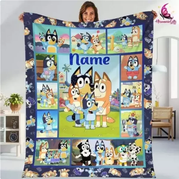 Personalized Blueydad Fleece Sherpa Blanket, Custom Name Cartoon Dog Blanket