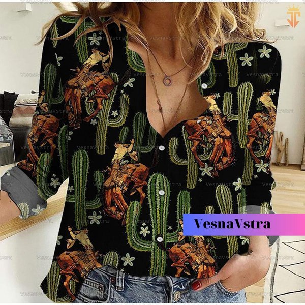 Cowboy Black Cactus Horse Riding Linen Shirt, Horse Shirts For Women