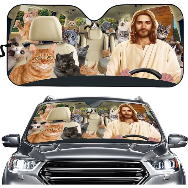 Driving Jesus And Cat Auto Windshield Sun Shade