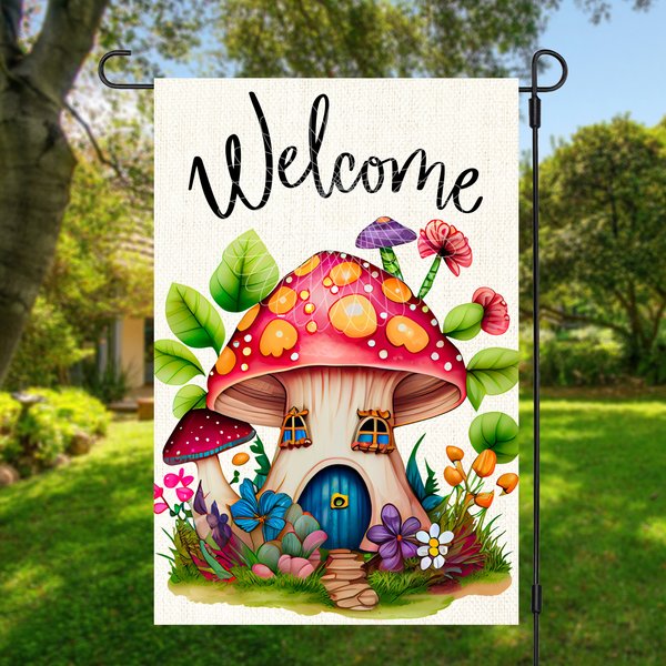 Garden Flag Sublimation Design, Welcome, Mushroom House-image
