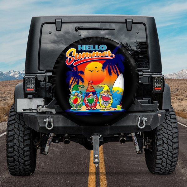 Hello Summer Vacation Garden Gnomes Beach Vibes Spare Tire Cover