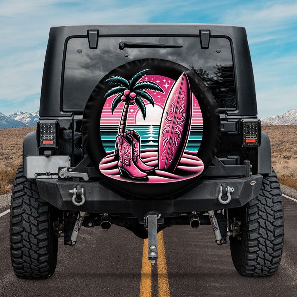 Cowgirl Pink Sunset Spare Tire Cover, Coastal Cowgirl Summer Tire Cover, Beach Sunset-image