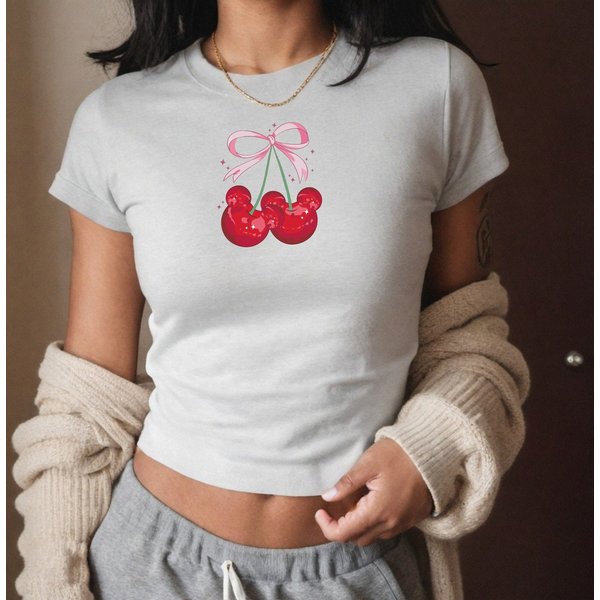 Cherry Mouse Coquette Baby Tee, Bow Womens Y2K 90S Shirt-image