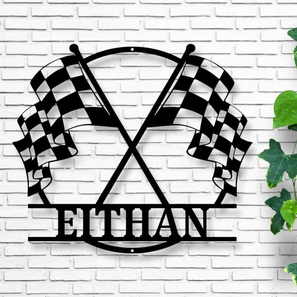 Customizable Metal Checkered Racing Flags Sign - Race Car Sign, Custom Metal Sign With Your Name-image