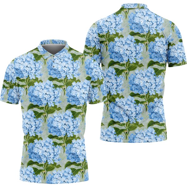Hydrangea Blue Flower Green Leaves Polo Shirt