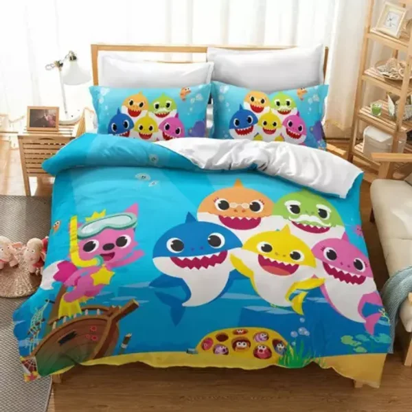 Baby Shark Cartoon Cute Light Blue Quilt Duvet Cover Set Children Bedroom Decor