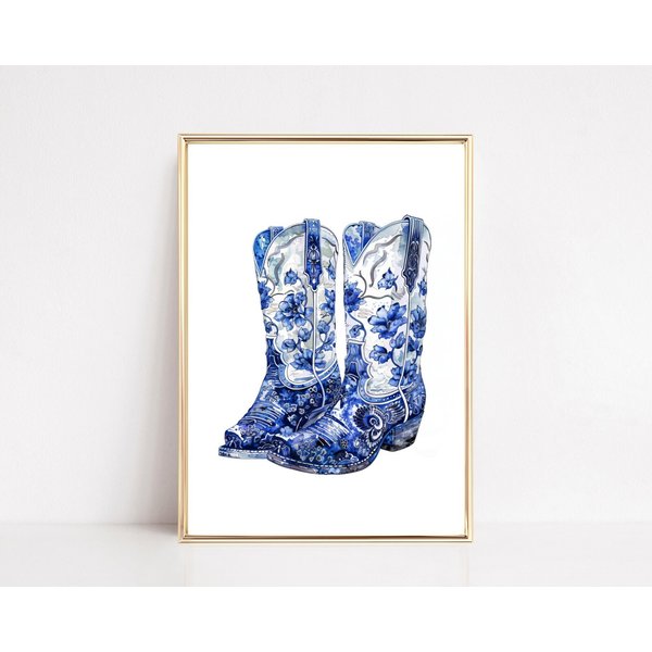 Blue Cowboy Boots Wall Art Print Coquette Bow Cowgirl Boots Print Coastal-image