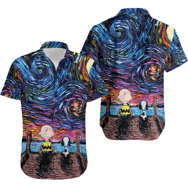 Snoopy And Charlie Brown Starry Sky Hawaiian Shirt-image