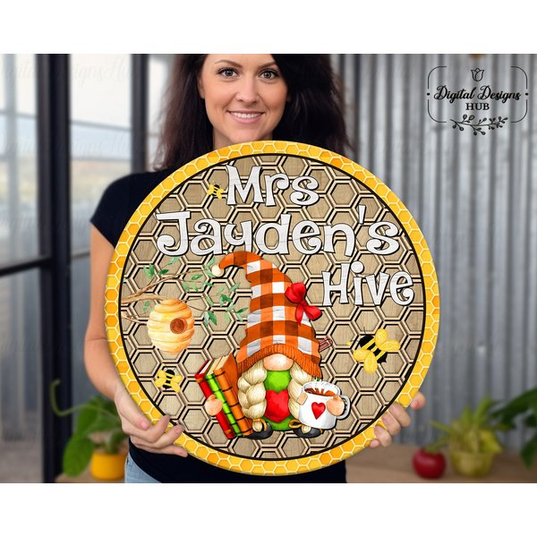 Bee Classroom Decor | Bee Hive Gnome Sign Teacher Door Hanger | Custom Teacher Name-image
