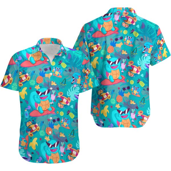 Squirtle Pattern Hawaiian Shirt, Anime Button Up Shirt-image
