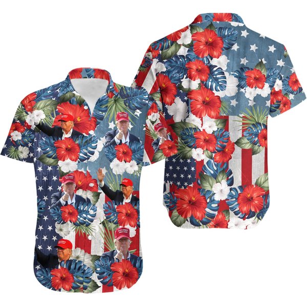 Trump Face Hawaiian Shirt, Custom Photo Trump American Flag Tropical Independence Day-image