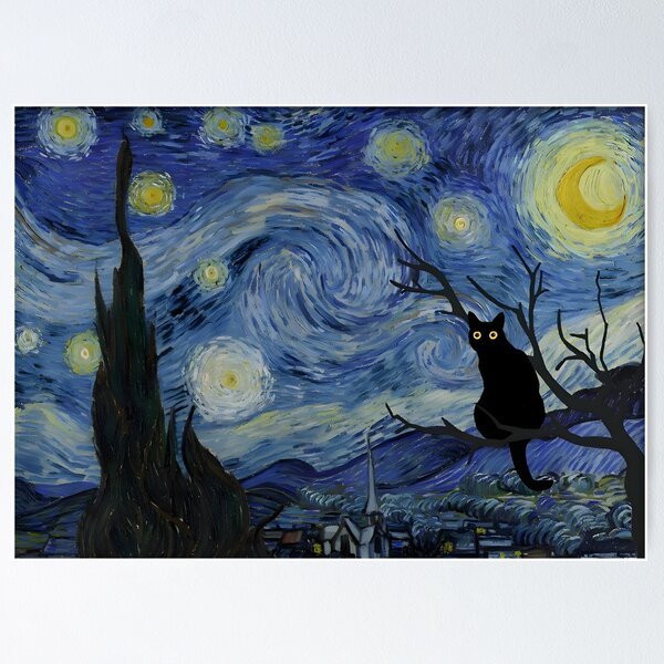 Cat Print Starry Night Vincent Van Gogh Black Cat-image
