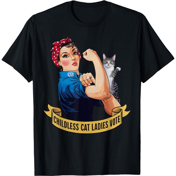 Funny Vintage Childless Cat Ladies Vote Rosie The Riveter T-Shirt-image