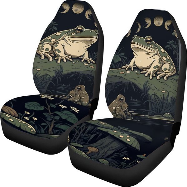Dark Cottagecore Green Frog Car Seat Cover Set, Goblincore Moon Phase Seat Cover-image