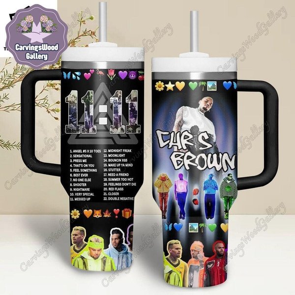 Chris Brown Tumbler 40Oz, 11 11 Tour Music Tumbler With Handle And Straw, Chris Brown 2024 Concert Gift-image