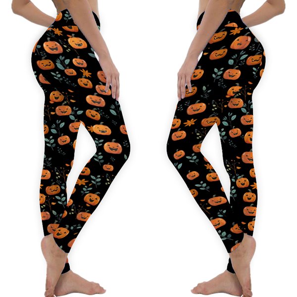 Halloween Pumpkin Jack-O-Lantern High Waisted Yoga Leggings-image