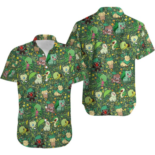 Grass Type Hawaiian Shirt - Featuring Bulbasaur And Chikorita-image