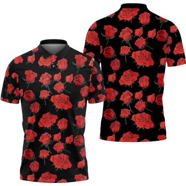 Printed Red Rose Art Pattern Casual Men's Polo Shirt S-5xl